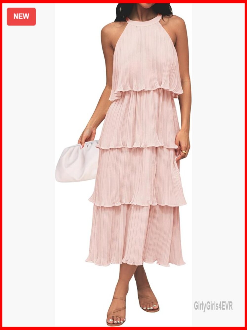 Sleeveless Halter Neck Ruffle Tiered Chiffon Midi Dress